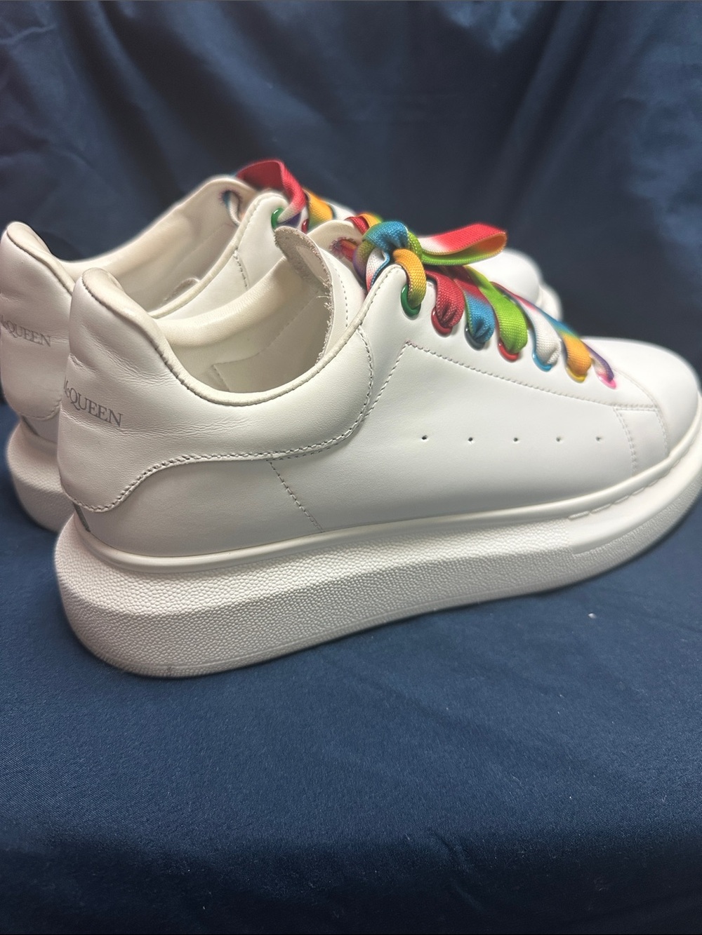 Alexander McQueen White Leather Platform Sneakers Rainbow Satin Laces Oversized